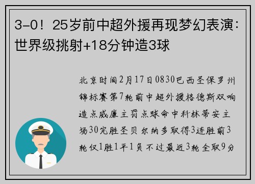 3-0！25岁前中超外援再现梦幻表演：世界级挑射+18分钟造3球